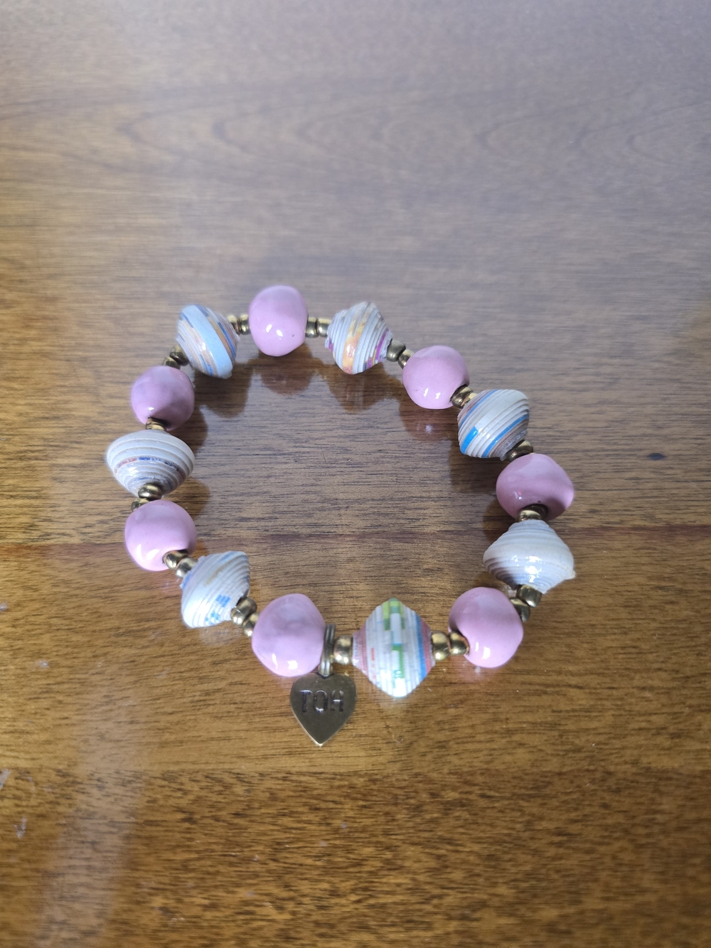 "Time Of Hope" Pink Beaded Stretch Bracelet with Mixed Glass & Paper Beads